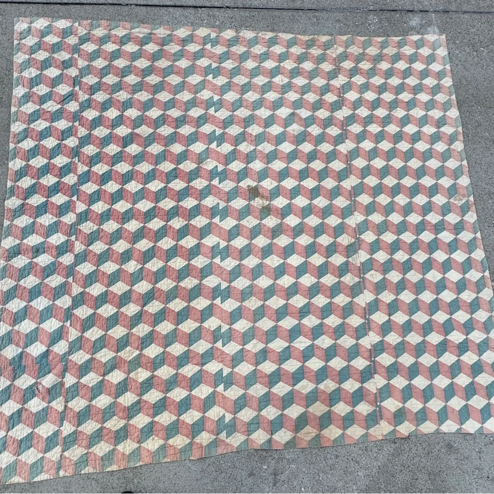 Antique 1880-1910, Reversible Quilt, Churn Dash & Tumbling Blocks. 74x78”. TVR